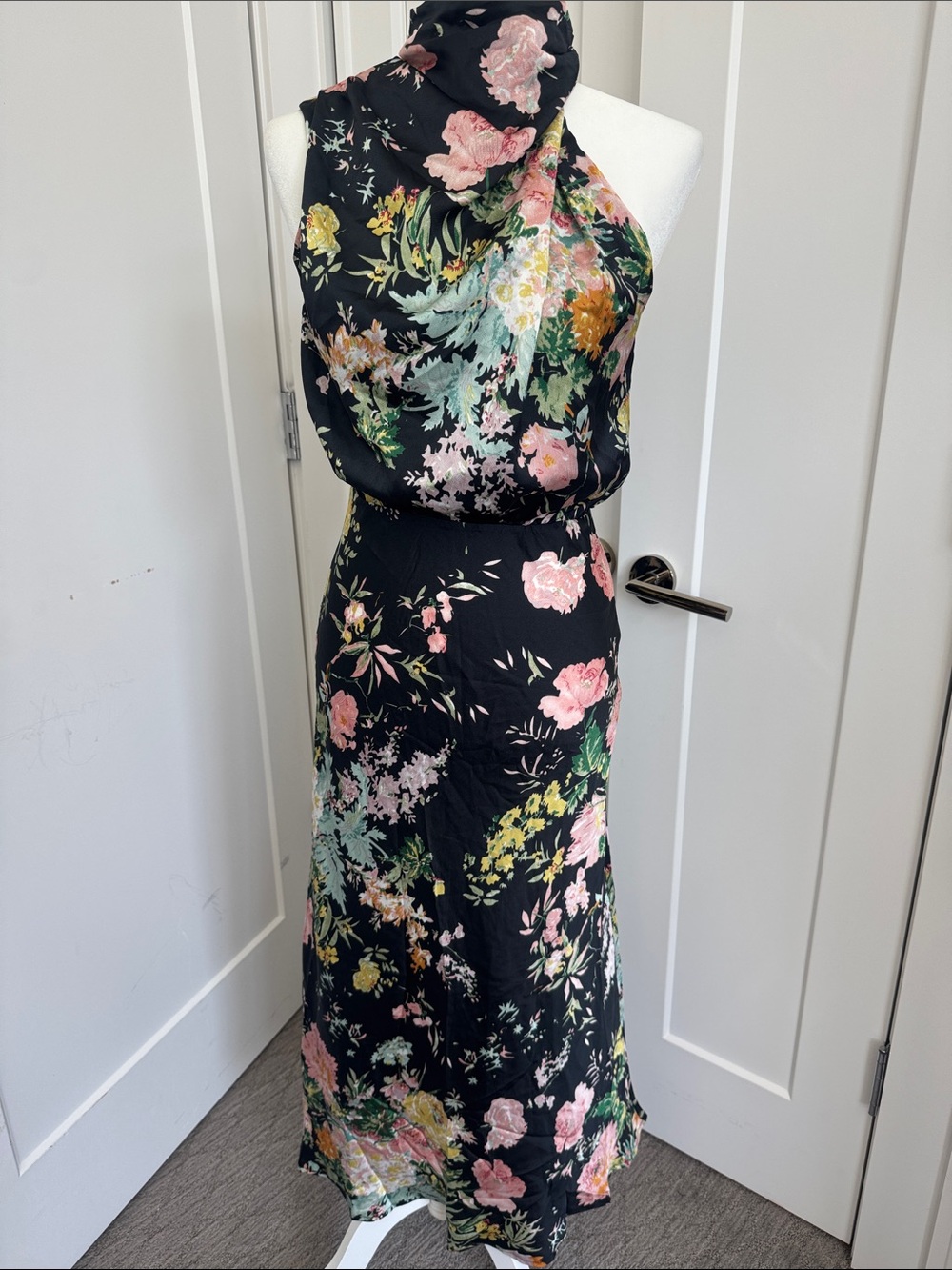 Petal & Pup Black Floral Halter Maxi Dress with Pink and Green Blooms